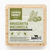 Square block of cheese in clear packaging showing cheese with specks of seasoning with square front label with green lettering.