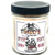 Clear jar with black cap, white label with black and red lettering 