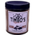 Clear jar with black cap, white label with black and red lettering 