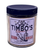 Clear jar with black cap, white label with black and red lettering 