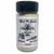 Clear jar with black cap, white label with black and red lettering 
