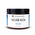 Dark plastic round jar with white and blue from label with black and blue lettering