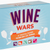 Rectangular light blue box with purple and orange lettering with white wine glasses