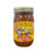 A tall cylindrical glass jar with gold lid containing red salsa; the label says “Sting N Linger Salsa” across the top in yellow font, the companies logo of two cowboy-like bee’s in the middle