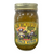  A tall cylindrical glass jar with gold lid containing green salsa; the label says “Sting N Linger Salsa” across the top in yellow font, the companies logo of two cowboy-like bee’s in the middle