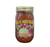 A tall cylindrical glass jar with gold lid containing red salsa; the label says “Sting N Linger Salsa” across the top in yellow font, the companies logo of two cowboy-like bee’s in the middle around a photo of a prickly pear cactus