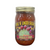 A tall cylindrical glass jar with gold lid containing red salsa; the label says “Sting N Linger Salsa” across the top in yellow font, the companies logo of two cowboy-like bee’s in the middle around a photo of a prickly pear cactus