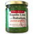 Round glass jar with gold lid containing green jelly.