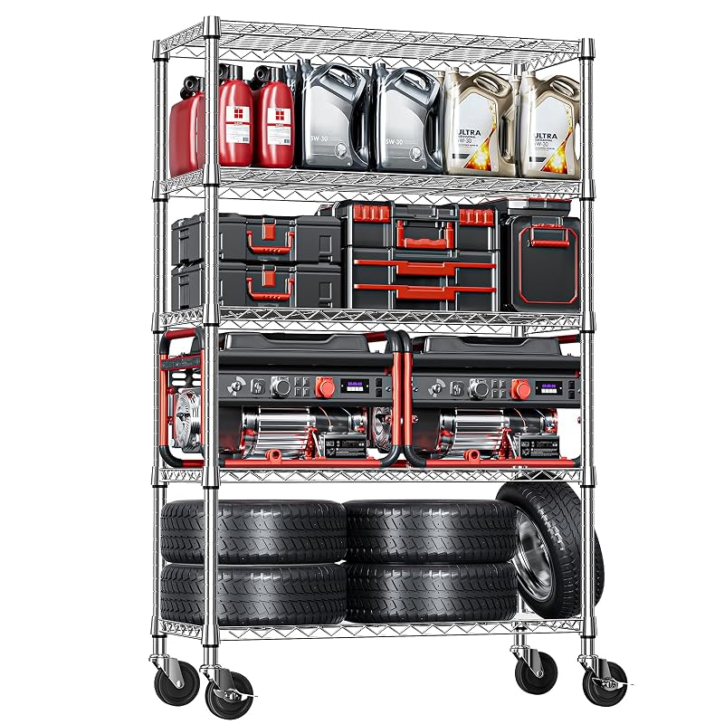 IZEUK 5-Tier Storage Shelving Unit with Wheels, Adjustable Heavy Duty Steel Wire Rack Organizer (Black, 17.7" D x 47.2" W x 76.7" H, 1750 lbs Capacity) for Garage, Kitchen, Office, Laundry, Basement 1/EA