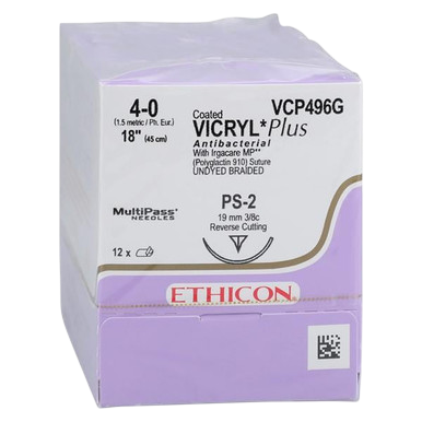 Suture w needle Absorbable Coated Vicry Polyglactin 910 FS-2 3/8 Circle Reverse Cutting Needle Size 4-0 Braided 12/Box