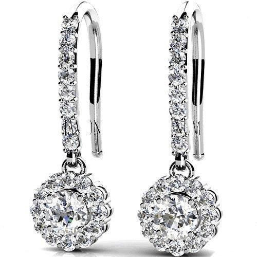 2 carat Round cut Brilliant Diamond 18k White Gold Dangle Earrings, F-G, SI1