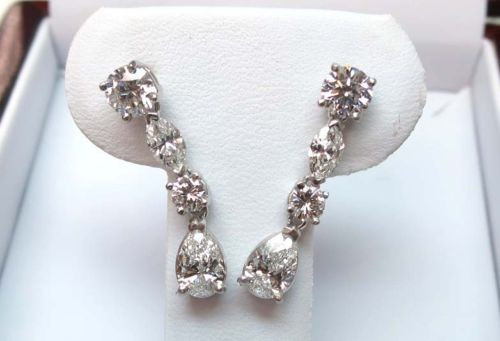 3 carats of Pear, Round & Mq cut Diamonds, Chandelier Platinum Earrings GIA E-F