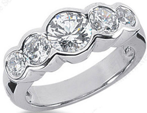 1.50 ct 5 Round DIAMOND Half Bezel set Band 14k White Gold Ring 0.60 ct center