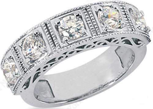 1.25 ct 5 Round Diamond Deco Style Wedding Ring 14k White Gold Anniversary Band