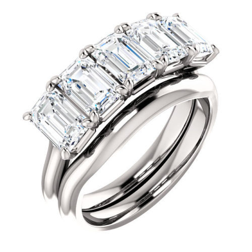 3 ct, 5 Emerald cut Diamond GIA F-G VS 0.60 ct each Wedding Ring 14k White Gold