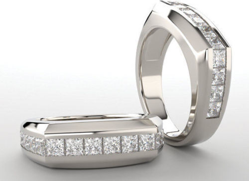 2.38 carat total 14 Princess cut Diamond Ring Mens 14K White Gold Wedding Band