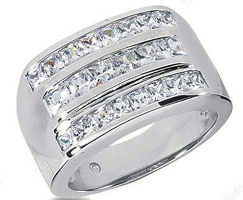 2.62 ct total Princess cut Diamond Ring Mens 14K White Gold Wedding Band F VS