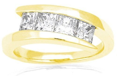 1.60 ct, 4 Brilliant Princess Diamond Band Wedding 14k Yellow Gold Ring VS/SI1
