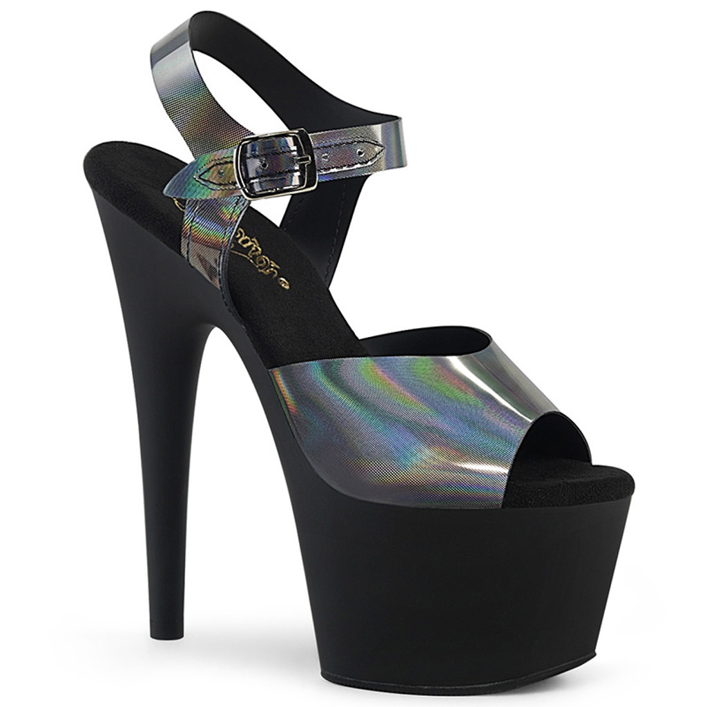 Pewter Hologram  7" High Heel Exotic Dancing Platform Ankle Strap Sandal