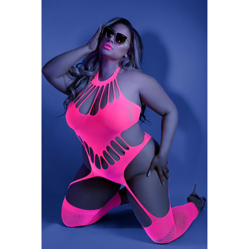 Neon Pink Plus Size No Promises Footless Teddy Bodystocking - Front