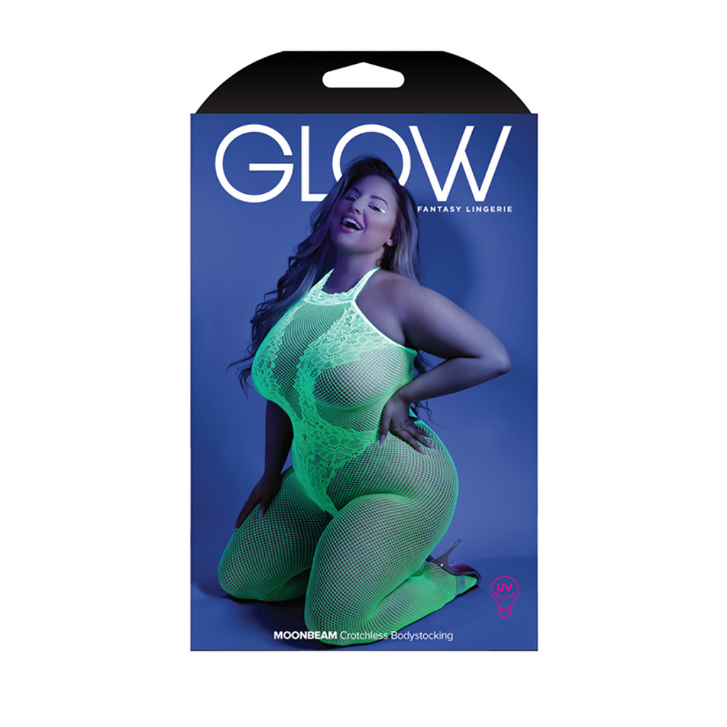 Neon Green Fantasy Lingerie Plus Size Moonbeam Crotchless Fishnet Bodystocking - Packaging 