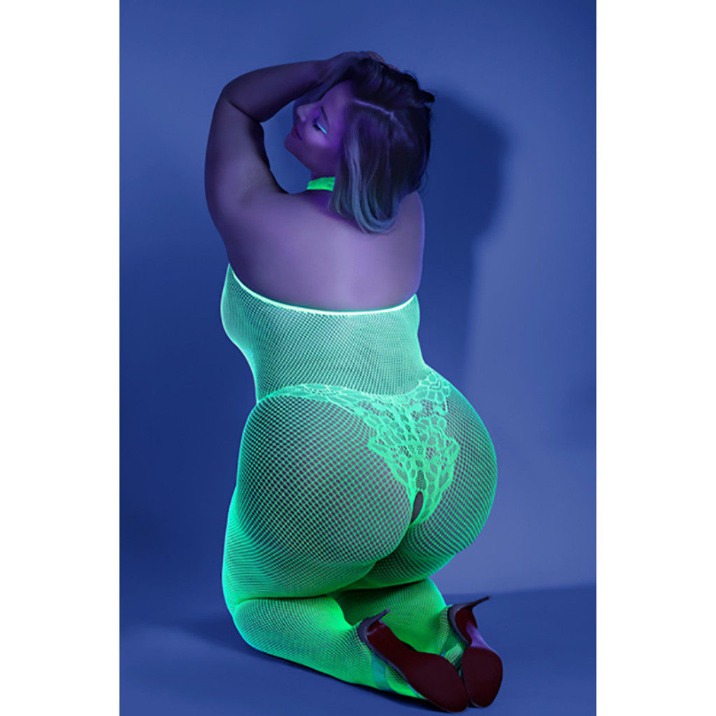 Neon Green Fantasy Lingerie Plus Size Moonbeam Crotchless Fishnet Bodystocking - Back