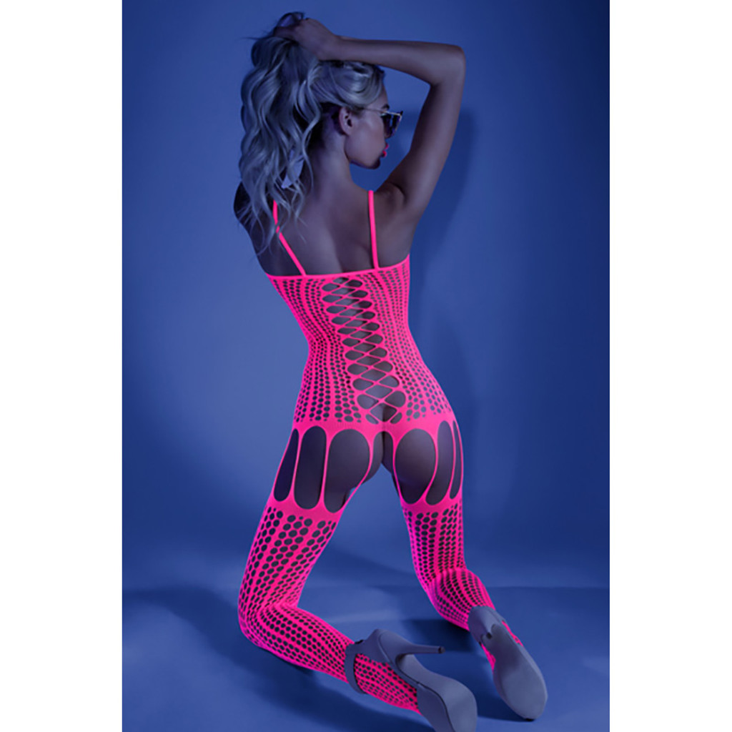 Neon Pink Hypnotic Criss-cross Paneled Bodystocking - Back