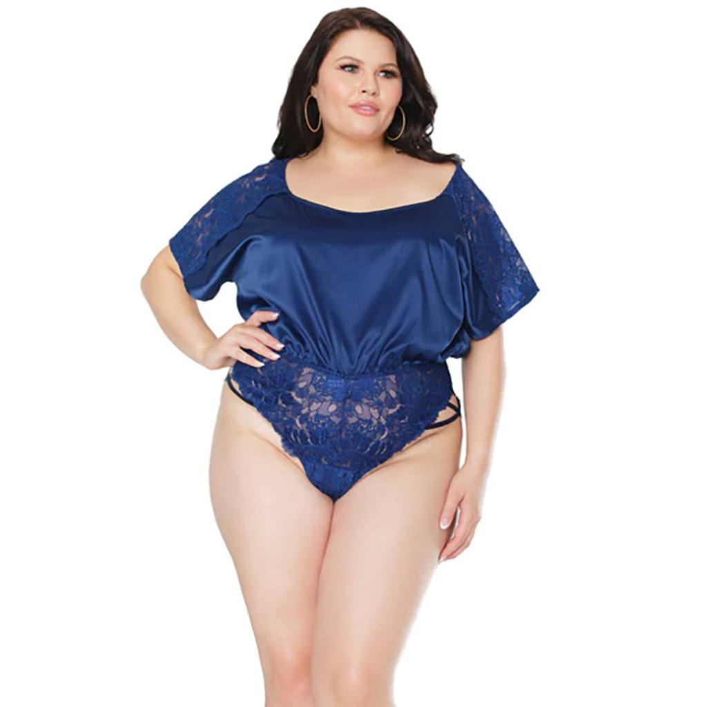 Coquette Plus Size Satin & Lace Romper with Blousy Off the Shoulder Top - Front