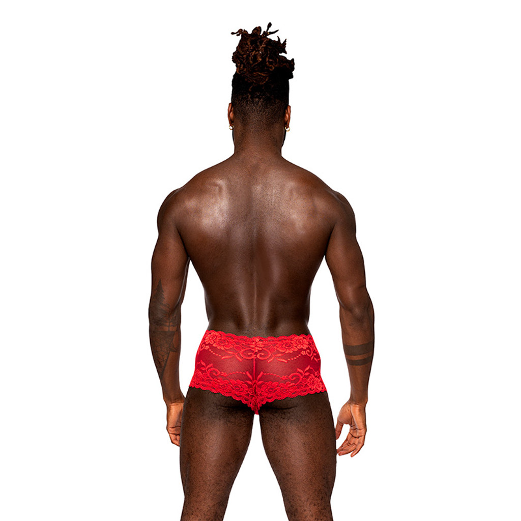Male Power Red Sassy Lace Mini Short Sheer Pouch - Back