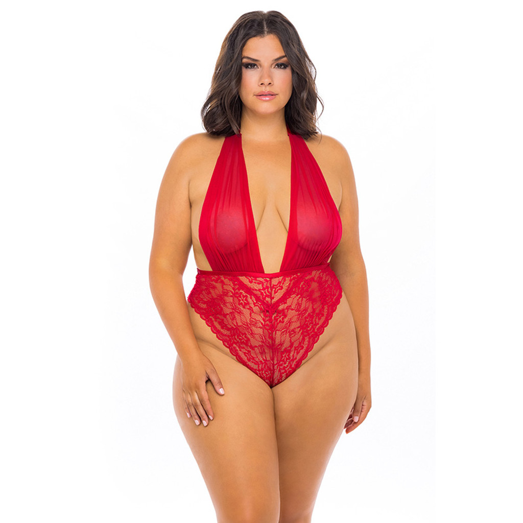 Red Oh La La Cheri Plus Size Aria Plunge Halter Teddy - Front