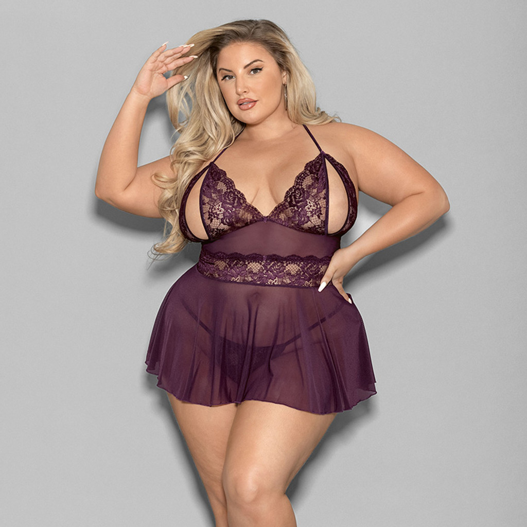 Escanté Plus Size Lace and Mesh Open Cup Shorty Babydoll - Front