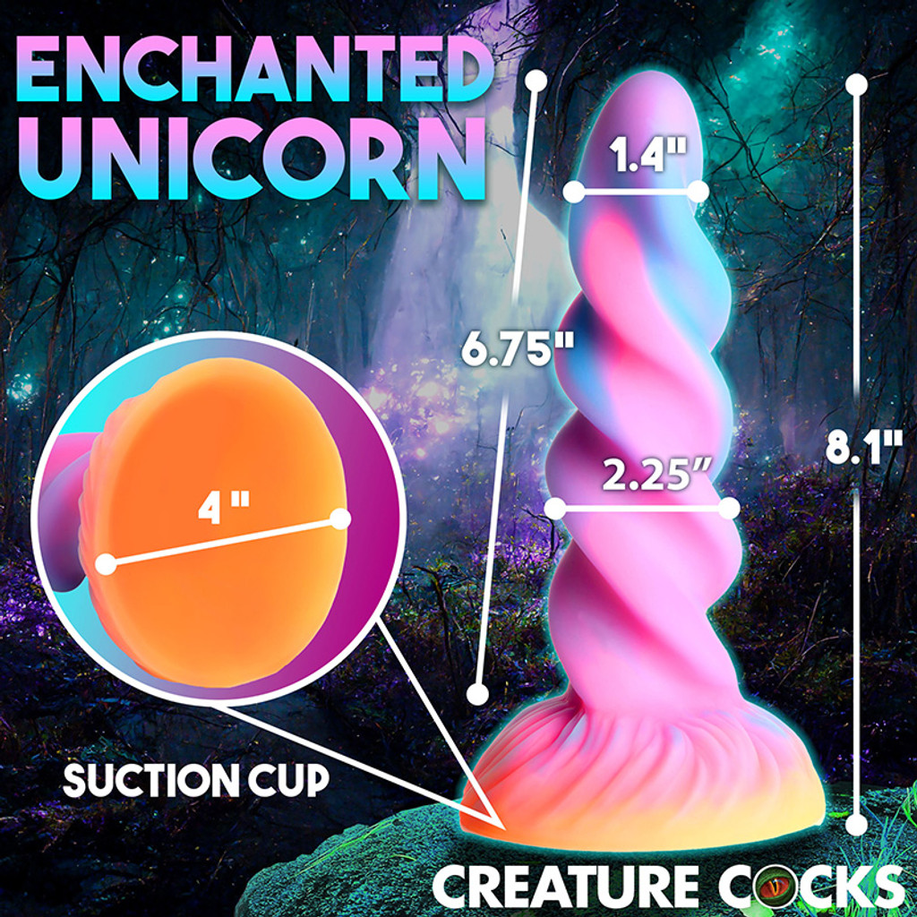 XR Brands Creature Cocks Moon Rider Glow-In-The-Dark Unicorn Dildo - Measurements 