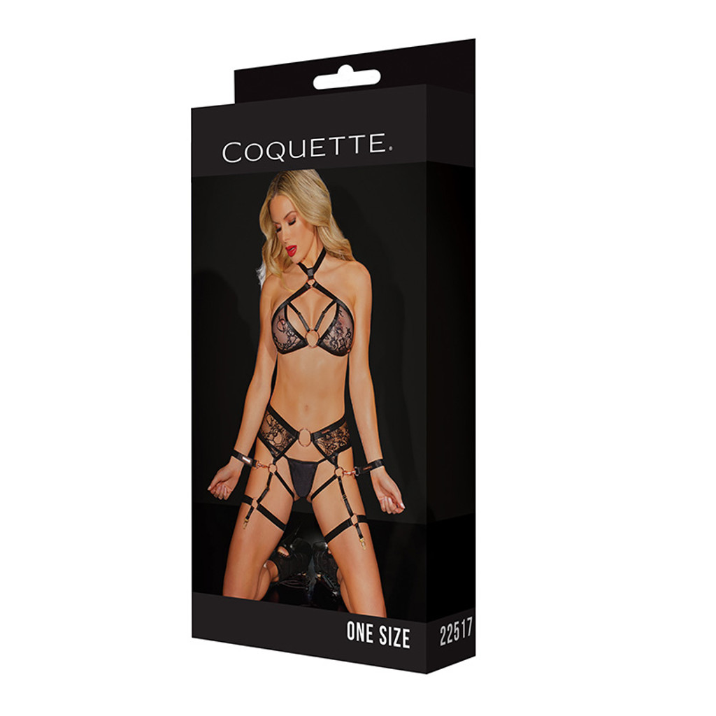 Coquette Halter Top, Crotchless Panty, Garters & Restraints Set - Packaging Front