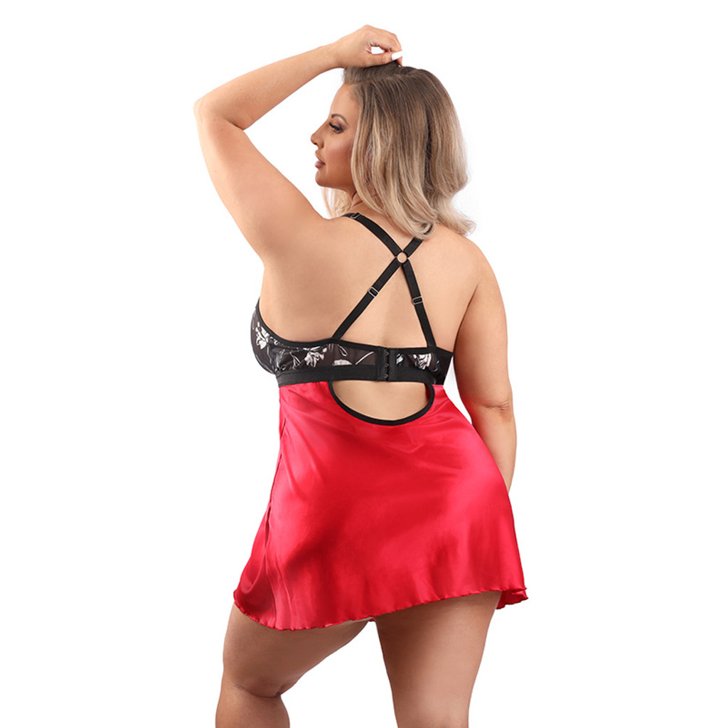 Red Fantasy Lingerie Plus Size Floral Mesh & Satin Chemise - Back