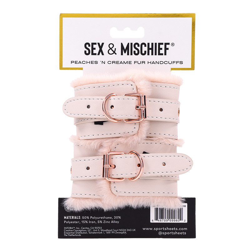 Sex & Mischief Peaches 'n CreaMe Faux Fur Handcuffs - Packaging Back