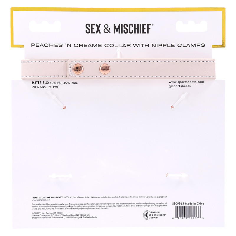 Sex & Mischief Peaches 'n CreaMe Collar with Nipple Clamps - Packaging Back