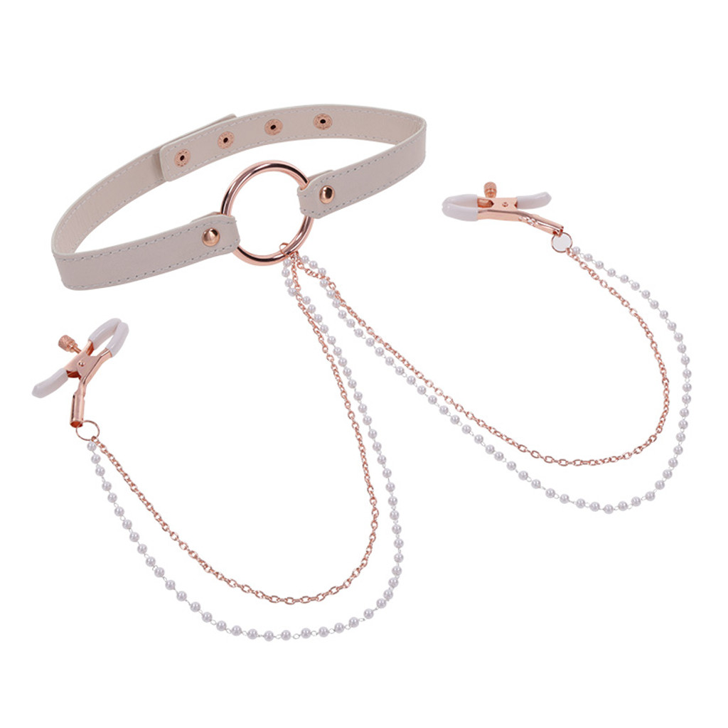 Sex & Mischief Peaches 'n CreaMe Collar with Nipple Clamps - Right