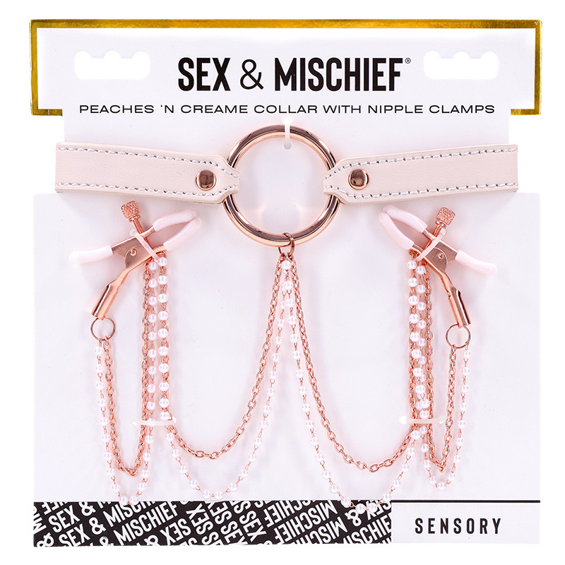 Sex & Mischief Peaches 'n CreaMe Collar with Nipple Clamps - Packaging Front