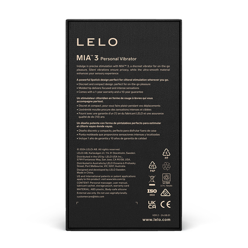 Purple LELO Mia 3 Discreet Vibrator - Packaging Back