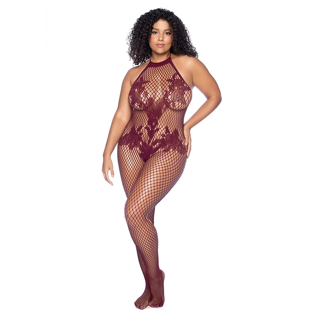 Cherry Plus Size Halter and Crotchless Floral Body Stocking - Front