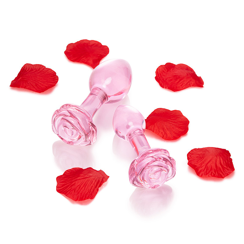 b-Vibe Pink Roses Glass Butt Plug Training Set - Lifestyle #2