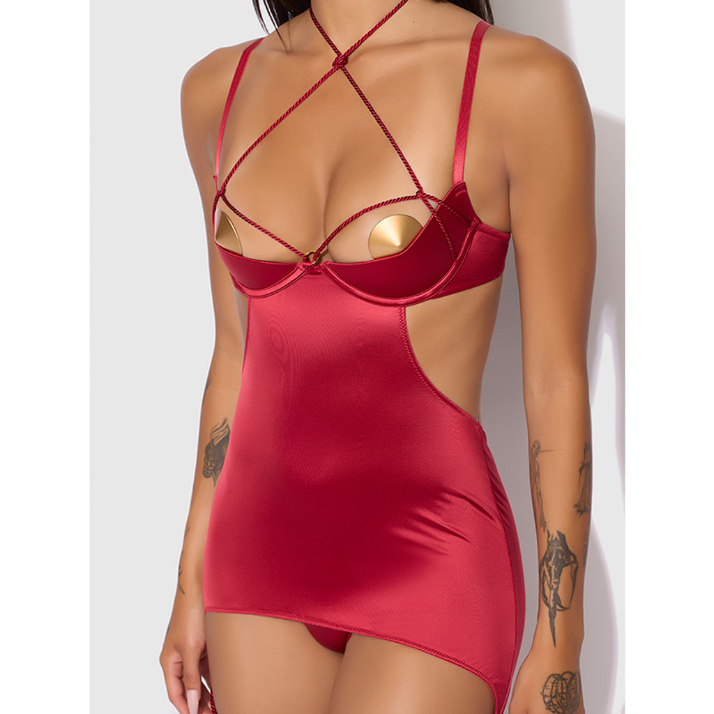 Crimson Red House of Desire Plus Size Iryna Silky Micro & Rope Open Back Chemise & G-String - Front Detail