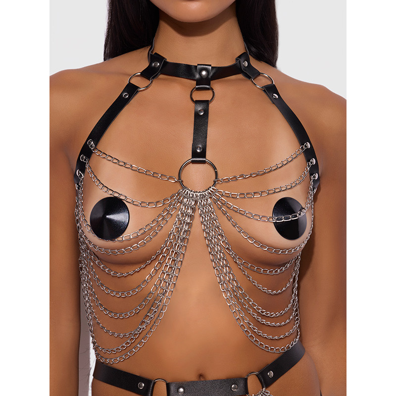 House of Desire Chain & Leather-Like Draped Harness - Front Detail