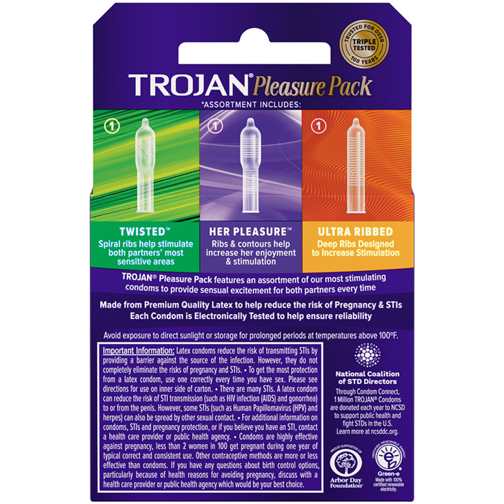 Trojan Pleasure Pack Lubricated Latex Condoms Variety Pack 3pk - Back