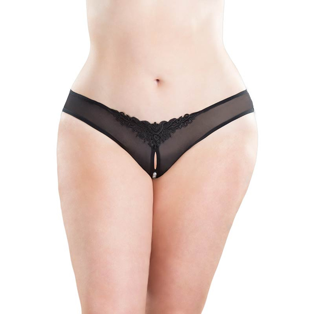 Black Plus Size Crotchless Thong with Pearls