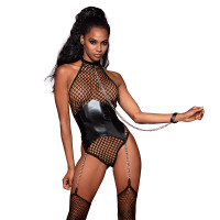Dreamgirl Large Fishnet Corset-Style Halter Teddy with Attached Collar & Chain Leash Accent - Front