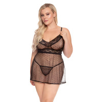 Black Dreamgirl Plus Size Polka Dot Mesh Babydoll with Lace Trim - Front