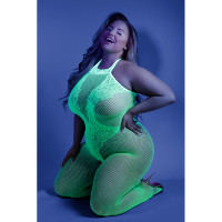 Neon Green Fantasy Lingerie Plus Size Moonbeam Crotchless Fishnet Bodystocking - Front