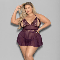 Escanté Plus Size Lace and Mesh Open Cup Shorty Babydoll - Front