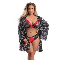 Red Fantasy Lingerie Plus Size Floral Mesh with Satin Trim Bra & Matching Panty Set - Front